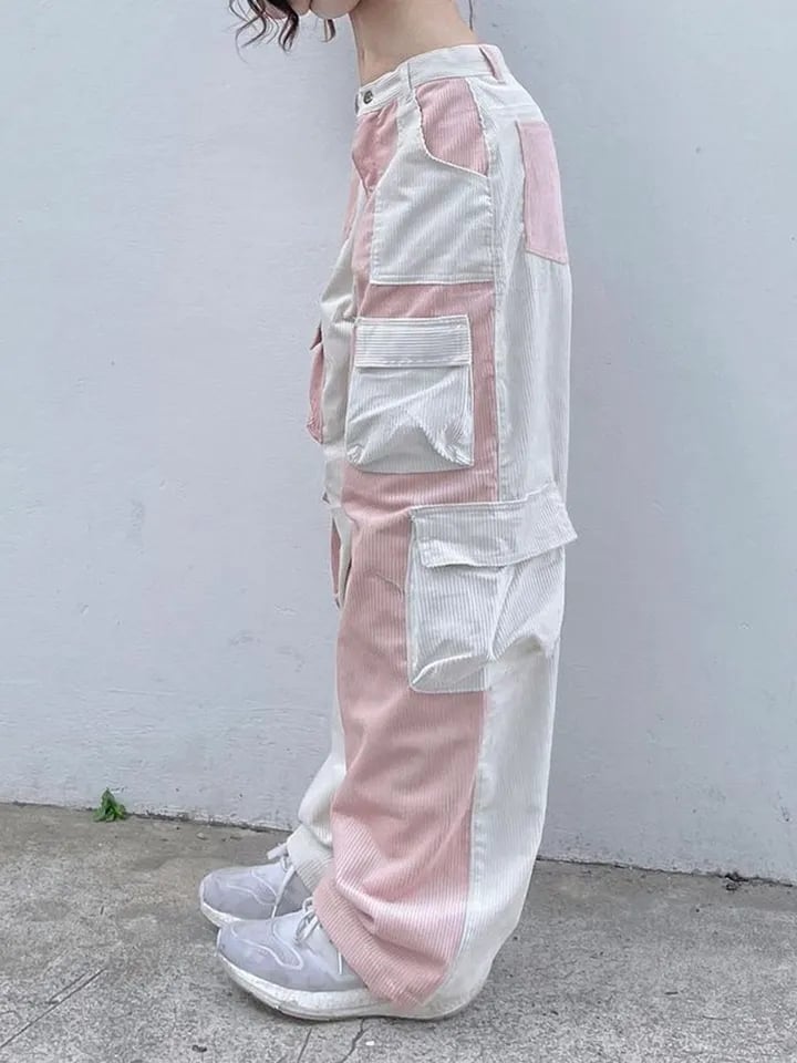 Pink Contrast Patchwork Cargo Pants