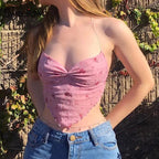 Cute Pink Blue Flower Print Mesh Halter Crop Top Blouse Sleeveless Shirt Club Party Summer Casual E-Girl Kawaii Korean Japanese Harajuku Streetwear