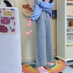 Pink Heart Embroidery Denim Jeans