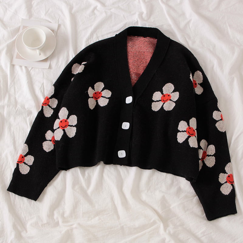 Cute Flower Preppy V Neck Loose Flower Knit Cardigan Sweater Korean Japanese Harajuku Chinese Streetwear Fashion