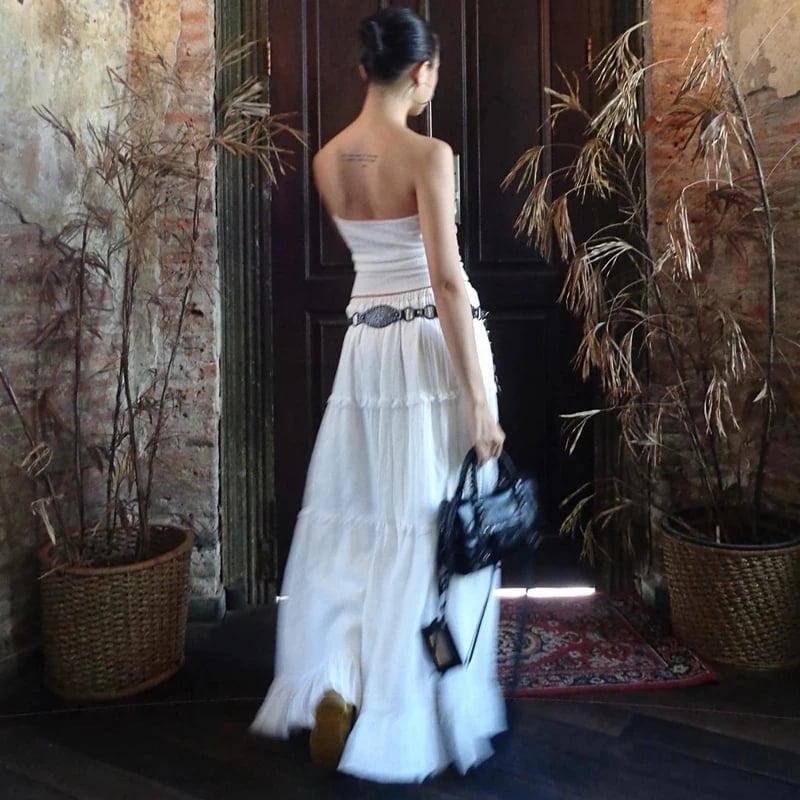 2PCS Strapless Tank Top + Pleated Long Skirt