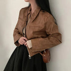 Brown PU Leather Turn Down Collar Zipper Jacket