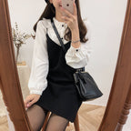 Cute 2pcs Summer Preppy White Ruffle Peterpam Collar Black Vintage V Dress E-Girl Kawaii Korean Japanese Harajuku Retro Streetwear