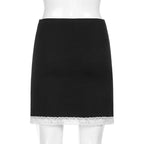 Cute Sexy 90s Vintage Sweet Bow Lace Trim Solid Black High Waisted Mini Skirt Bottoms Aesthetic Goth E-Girl Kawaii Korean Japanese Harajuku Streetwear