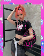 Cute Pink Love Heart Skull Print Short Sleeve T-shirt Crop Top Summer Casual Goth Punk E-Girl Kawaii Korean Japanese Harajuku Streetwear