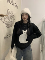 Black Cat Print Long Sleeve Sweater