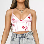Cute Satin Flower Corset Crop Top Strapless Sleeveless Tube Top Bustier Summer Aesthetic Casual E-Girl Kawaii Korean Japanese Harajuku