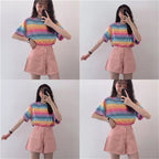 Cute Causal Pastel Rainbow Colorful Stripe Loose Round Neck Short Sleeve Tee Shirt T-shirt Top E-Girl Kawaii Korean Japanese Harajuku Retro Streetwear