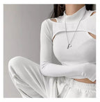 Cute 2pcs K-pop Black White Hollow Knit Long Sleeve Shirt Crop Top Fitness Streetwear Summer Aesthetic Casual E-Girl Kawaii Korean Japanese Harajuku
