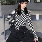 Cute Black White Checkerboard Plaid Long Sleeve Shirt Top Punk Goth Aesthetic Casual E-Girl Kawaii Korean Japanese Harajuku