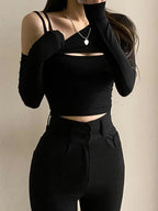 2PCS Black Cut Out Long Sleeve Shirt