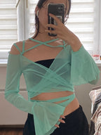 Blue See Through V Neck Bandage Long Sleeve Shirt