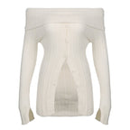 White Button Up Split Slash Neck Sweater