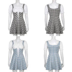 Cute Sweet Plaid Patchwork Lace Up Corset Ruffle Mini A-line Dress Summer Aesthetic Casual E-Girl Kawaii Korean Japanese Harajuku