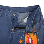 Vintage Star Moon Night Sky Women Heans Pattern Print Autumn Winter Demin Trouser Blue Pants Bottom E-Girl Kawaii Korean Japanese Harajuku Streetwear