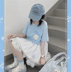 Cute Blue Japanese Anime Cartoon Graphic Print Loose Short Sleeve T-shirt