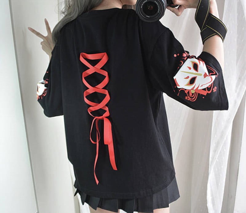 Fox Anime Cartoon Print Vintage Black T-shirt Short Sleeve Tee Shirt Causal Summer Top E-Girl Kawaii Korean Japanese Harajuku Streetwear