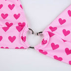 Cute Pink Heart Print Halter Bustier Crop Top Sleeveless Backless Lace Up Bralette Summer Casual E-Girl Kawaii Korean Japanese Harajuku Streetwear