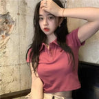 Pink Polo Short Sleeve Crop Top
