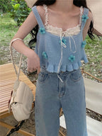 Blue Floral Knit Vest Tank Top