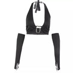 Black Metal Buckle Halter Top with Sleeves