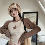 Brown Star Patchwork Long Sleeve T-shirt