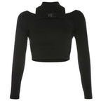 Cute Black Buckle Hollow Out Turtleneck Crop Top Long Sleeve Shirt Punk Goth Summer Aesthetic Casual E-Girl Kawaii Korean Japanese Harajuku