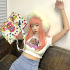 Sexy Pink Cartoon Doll Print Short Sleeve Shirt Crop Top Tee T-shirt Top Causal Summer E-Girl Kawaii Korean Japanese Harajuku Streetwear