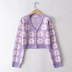 Cute Vintage 90s Purple Pink Flowers Cardigan Long Sleeve Shirt Top V Neck Sweater Jumper Aesthetic E-Girl Kawaii Korean Japanese Harajuku Streetwear
