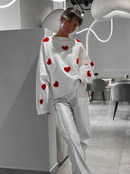 Heart Embroidery Long Sleeve Pullover