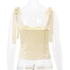 Sweet Yellow Bow Lace Up Satin Top