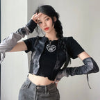 Black & Grey Patchwork Crop Top with Sleeve