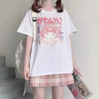 Pink 2D Anime Girl Print Short Sleeve T-shirt