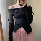 Pink Slash Neck Drawstring Long Sleeve Shirt