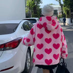 Cute 90s Heart Print Plush Long Sleeve Jacket Hoodie Sweater Coat Aesthetic Casual E-Girl Kawaii Korean Japanese Harajuku