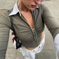 Polo Neck Low Cut Ruched Long Sleeve Crop Top