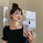 Black Pearl Lace Up Backless Puff Sleeve Blouse