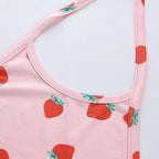 Cute Pink Strawberry Print Crop Top Camisole Spaghetti Strap Tank Shirt Tee T-shirt E-Girl Kawaii Korean Japanese Harajuku Retro Streetwear Aesthetic