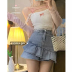 Cute Sweet Lace Bow Sling Crop Top Sleeveless Shirt 90S Summer Aesthetic Casual E-Girl Kawaii Korean Japanese Harajuku
