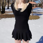 Blue Knit Long Sleeve Button Mini Dress