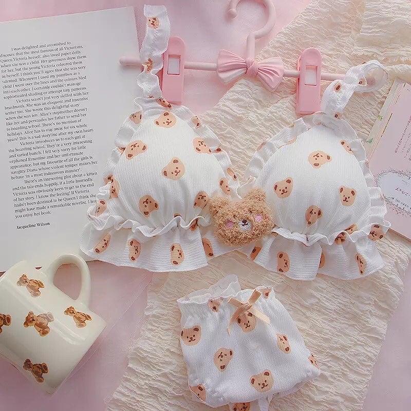 Teddy Bear Push Up Bra + Panty Set Underwear Lingerie Bralette Summer Aesthetic Casual E-Girl Kawaii Korean Japanese Harajuku