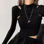 Cute 2pcs K-pop Black White Hollow Knit Long Sleeve Shirt Crop Top Fitness Streetwear Summer Aesthetic Casual E-Girl Kawaii Korean Japanese Harajuku
