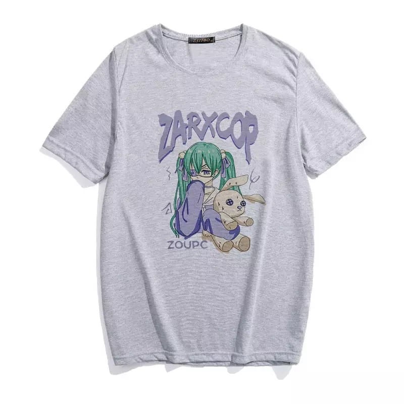 Black Anime Girl Cartoon Print Vintage Oversize Loose Short Sleeve Shirt T-shirt Tee Top Goth Punk E-Girl Kawaii Korean Japanese Harajuku Streetwear