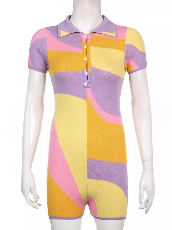 Abstract Colorful Patchwork Print Button Up Short Sleeve Romper Bodycon Bodysuit Summer Aesthetic Casual E-Girl Kawaii Korean Japanese Harajuku