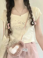 Rabbit Kitten Lace Trim Short Sleeve T-shirt