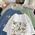 Cute Frog Magic Mushroom Witchcraft Print Short Sleeve T- Shirt Top Aesthetic Casual Summer E-Girl Kawaii Korean Japanese Harajuku