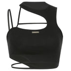 Cute Sexy Black Strappy Hollow Out Tank Crop Top Sleeveless Shirt Punk Goth Summer Aesthetic Casual E-Girl Kawaii Korean Japanese Harajuku