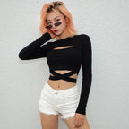 Cute Black Criss Cross Bandage Hallow Out Long Sleeve T-shirt Crop Top Summer Aesthetic Casual E-Girl Kawaii Korean Japanese Harajuku