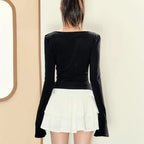 2PCS Long Sleeve Square Collar Top + Mini Tierred Ruffle Skirt