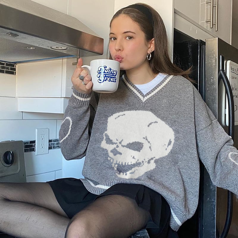Skull Knit Oversized Loose Sweater Sweatshirt Long Sleeve Pullover Goth Punk Autumn Fall E-Girl Kawaii Korean Japanese Harajuku Streetwear